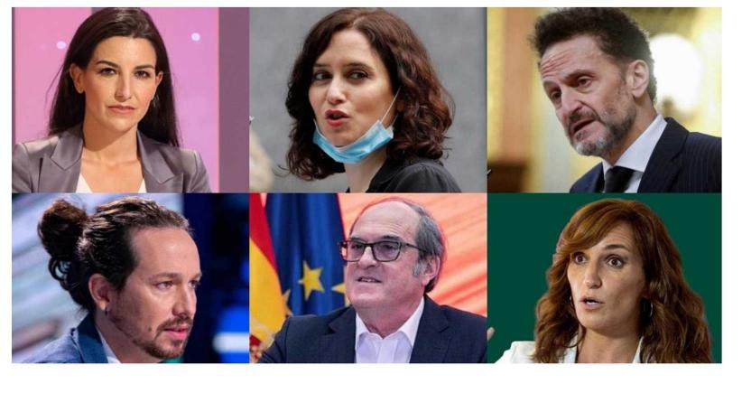 Los seis candidatos a la presidencia de la Comunidad de Madrid: Isabel Díaz Ayuso (PP), Ángel Gabilondo (PSOE), Pablo Iglesias (Unidas Podemos), Rocío Monasterio (Vox), Edmundo Bal (Ciudadanos) y Mónica García (Más Madrid).