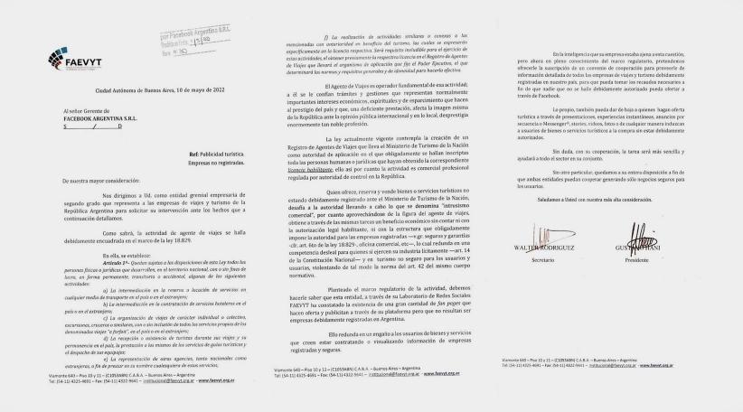 FAEVYT demanda una respuesta urgente de Facebook sobre la venta ilegal de servicios turísticos