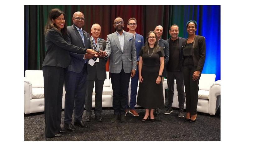 The Hon. Edmund Bartlett, Minister of Tourism, Jamaica (2nd from L), holds Jamaica's Caribbean Hotel and Tourism Association's (CHTA's) Destination Resilience Award. Sharing in the moment are (L-R) Mrs. Nicola Madden-Greig, President, CHTA; Ewald Biemens, Owner, Bucuti and Tara Beach Resort, Aruba; Donovan White, Director of Tourism, Jamaica Tourist Board; Kyle Mais, Managing Director, Jamaican Inn; Vanessa Ledesma-Berrios, Acting CEO &amp; Director General, CHTA; Josef Forstmayr, Managing Director, Round Hill 