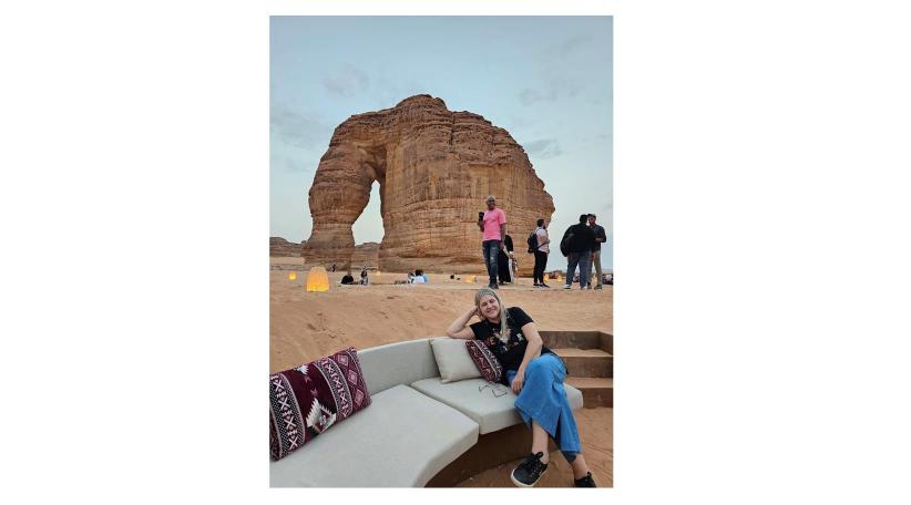 An evening in front of the majestic Elephant Rock in the AlUla Desert, Saudi Arabia