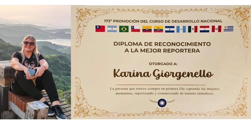 Durante su participación en el 173° Curso de Desarrollo Nacional en Taiwan, la periodista de ABC MUNDIAL, Karina Giorgenello, fue galardonada con el diploma de reconocimiento a la mejor reportera. Este reconocimiento se otorgó en reconocimiento a su destacada labor durante tres semanas en Taipei y otras ciudades de Taiwan, donde realizó una cobertura exhaustiva y oportuna de los eventos más relevantes.