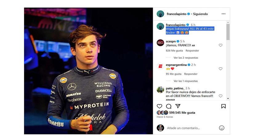 Franco Colapinto ya está en Las Vegas y propone “ALL IN al 43”