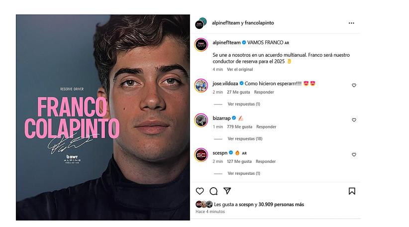 Franco Colapinto ya es piloto de Alpine en la Fórmula 1