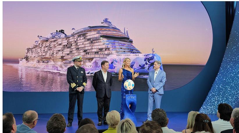 At PortMiami, Captain Robert Lundberg, John Chidsey, godmother and artist ELLE, and President Marc Kazlauskas during the christening of the Norwegian Luna on March 27, 2026.