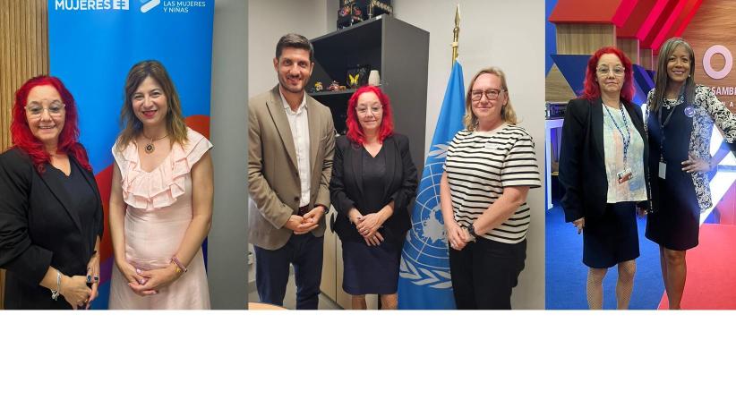 Patricia Pérez, directora ejecutiva del ILAPyC, junto a Bibiana Aído, representante regional de ONU Mujeres para América Latina y el Caribe; Nahuel Arenas, jefe de la Oficina Regional para las Américas y el Caribe de la ONU para la Reducción del Riesgo de Desastres (UNDRR); Sarah Wade-Apicella, responsable regional de ARISE; y Diana Nieto, integrante del ILAPyC, durante la 56.ª Asamblea General de la OEA en Ciudad de Panamá.