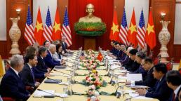 The U.S. President Joe Biden attends a meeting with the General Secretary of the Communist Party of Vietnam, Nguyen Phu Trong, at the Communist Party of Vietnam headquarters in Hanoi, Vietnam.