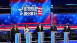 (From L-R) Former New Jersey Governor Chris Christie, former South Carolina Governor Nikki Haley, Florida Governor Ron DeSantis, businessman Vivek Ramaswamy and South Carolina Senator Tim Scott