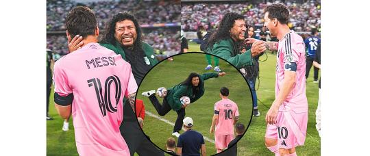 Messi y René Higuita recrearon el “escorpión” en un emotivo encuentro en Medellín.