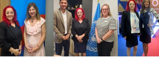 Patricia Pérez, directora ejecutiva del ILAPyC, junto a Bibiana Aído, representante regional de ONU Mujeres para América Latina y el Caribe; Nahuel Arenas, jefe de la Oficina Regional para las Américas y el Caribe de la ONU para la Reducción del Riesgo de Desastres (UNDRR); Sarah Wade-Apicella, responsable regional de ARISE; y Diana Nieto, integrante del ILAPyC, durante la 56.ª Asamblea General de la OEA en Ciudad de Panamá.