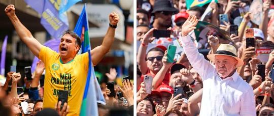 Flávio Bolsonaro (48,05%) e Lula (43,97%) vão ao segundo turno nas eleições presidenciais do Brasil.
